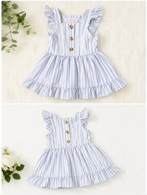Little Lass Blue & White Striped Ruffle Sundress with Buttons